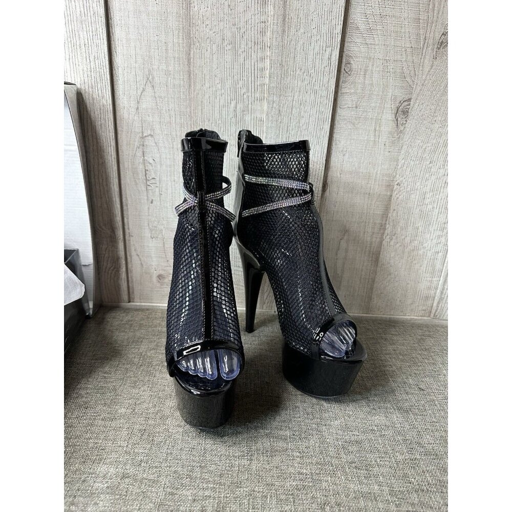 Womens Ellie 7" Heel Fishnet Bootie Stiletto Size 11 Rhinestone Straps 709 Swank - Picture 1 of 13
